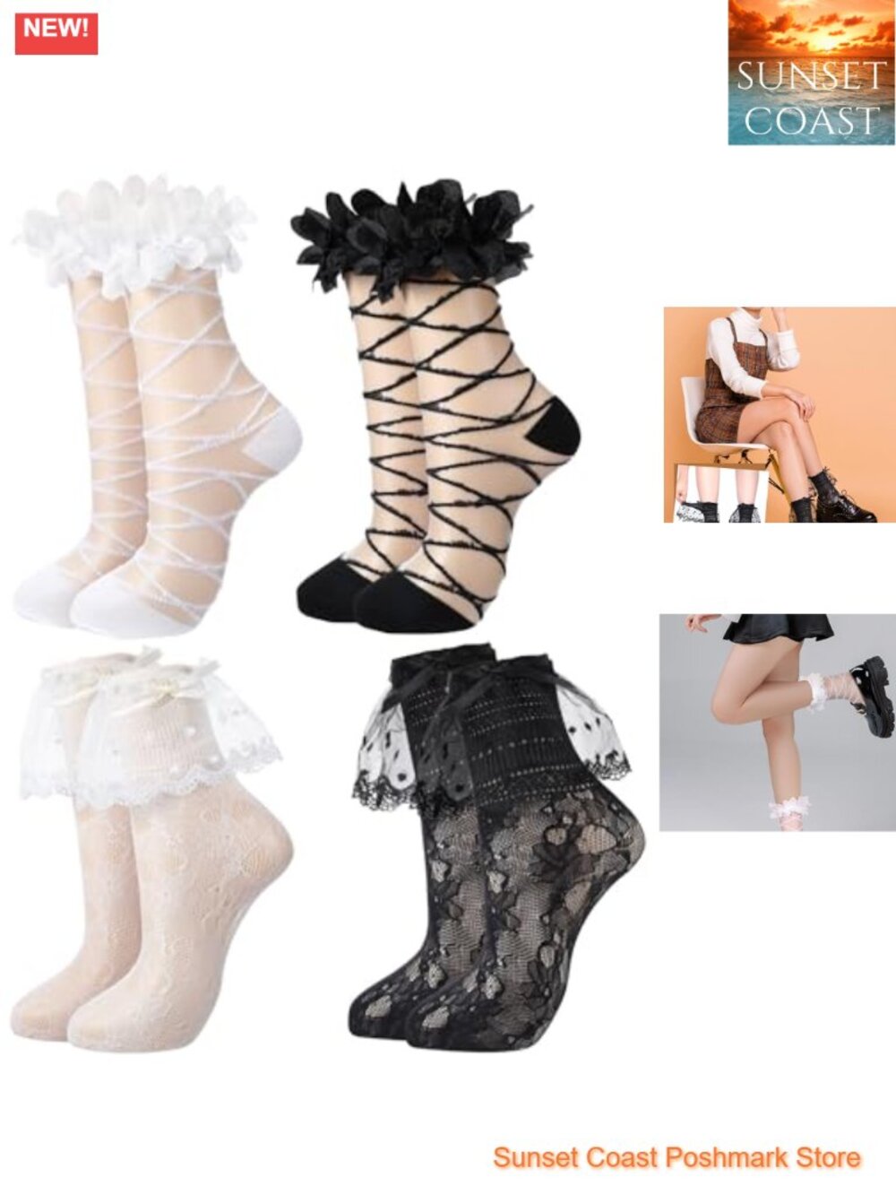 Women's Lace Ruffle Ankle Socks Set Cotton Frilly Calf Socks for Boots